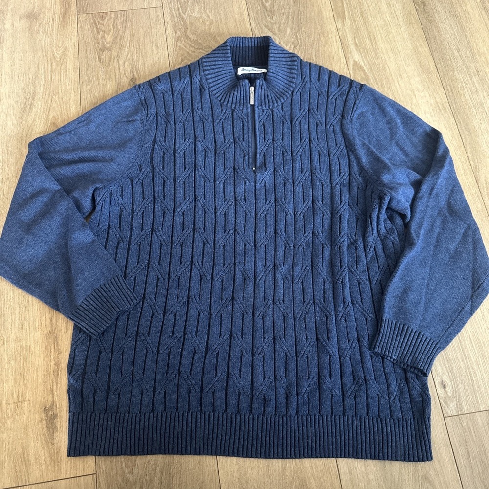 Tommy Bahama Men's 1/4 Zip L/S Cable Knit Sweater‎ Blue XXL Preppy Cotton